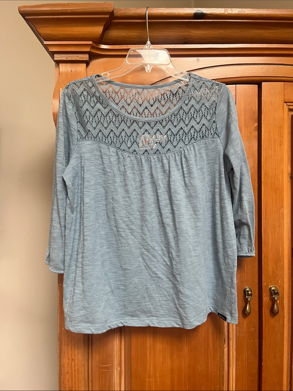 Field & Stream Light Blue Crochet Yoke Long Sleeve Top